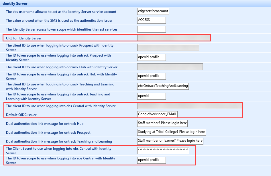 Identity Server screen in institution settings